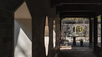 The cloistered walkways provide a shaded walking environment. The open windows of different shapes create visual interest as well as framing views as one looks out from the walkway. The walls around the garden are designed to block out outside activity creating a peaceful garden within.